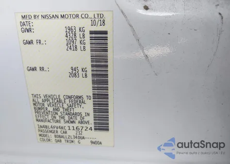 2019 Nissan Altima 2.5 Platinum z USA, uszkodzony, nr VIN 1N4BL4FV4KC116724